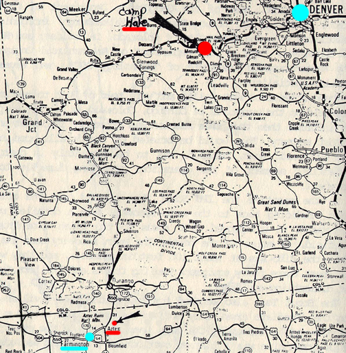 Frank Scully wrote on Page 23 of his book Behind the Flying Saucers © 1950, that Scientist X, or “Dr. Gee” had told students on March 8, 1950, at the University of Denver that a saucer “had landed less than two years previous to his talk, ‘on a site within 500 miles of Denver.’” The above original Steinman B&W map (color only added by Earthfiles for clarity) is on Page 32 of Bill Steinman's 1986 UFO Crash At Aztec with this comment: “This is a map clip of the relative positions of the UFO crash site at Aztec, New Mexico, and the Camp Hale location west of Denver, the home base of the UFO crash recovery team.”