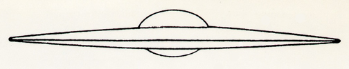 Line drawing of the by 99.9-foot-diameter disc craft that came down near 5 AM on March 25, 1948, about 12 miles northeast of Aztec, New Mexico, as a “reconstruction from several eyewitness descriptions.” Steinman also wrote that the central cabin where the top and bottom bulges are was “18.0 feet across; top of cabin raised 45 inches above the level of the mean plane of the disc; the disc edge was 27 inches above the saucer base, slightly curved slope upper and lower surface of disc; and the cabin to rim edge was 41.0 feet.” Disc height descriptions vary from 30 feet (military TWX) to 6 feet (perhaps not including upper and lower domed center heights. Illustration on Page 36 and back cover of UFO Crash At Aztec: A Well Kept Secret © 1986 by William S. Steinman with Wendelle Stevens (USAF Ret.)