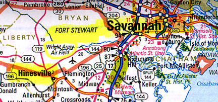 Fort Stewart and Hunter (Wright) Army Air Field is a military complex between Hinesville and Savannah, Georgia. It is the home of the 3rd Infantry Division of the United States Army. Hunter's 11,375 ft long runway (the longest on the East Coast) supports the installation's rapid deployment needs as any aircraft, including the C-5 Galaxy, can land at Hunter. It also has been an emergency alternate landing site for NASA's space shuttles.