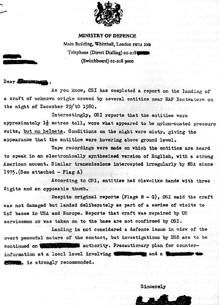 Date, addressee and signature of sender blacked out on alleged U. K. Ministry of Defence memorandum that describes non-human entities in “the landing of a craft of unknown origin crewed by several entities near RAF Bentwaters on the night of December 29 to 30, 1980.” If that date is correct, then is it a fourth night of phenomena - or another incorrect date?