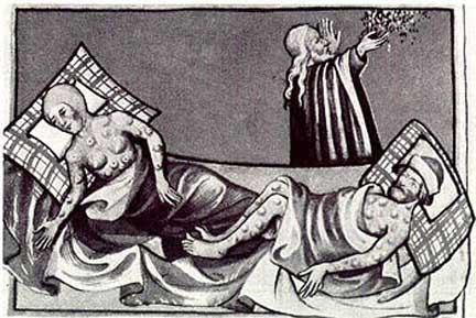 The classic sign of the 14th Century bubonic plague was the appearance of buboes shown in illustration, which are swollen lymph nodes in the groin, the neck and armpits that oozed pus and bled. Most victims died within four to seven days after infection. Illustration of the Black Death from the Toggenburg Bible in 1411.