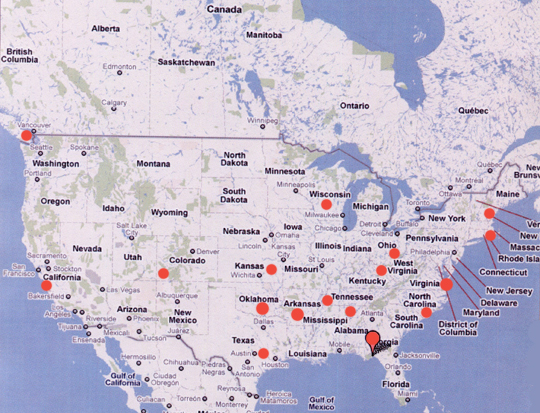 Red dots are locations from White Rock, British Columbia, Canada (upper left circle) to Woodville and Crawfordville, Florida (lower right circle), where residents have heard “loud booms like a cannon” or “rolling, low thunder,” or a “low flying jet,” or “the first half of a lightening strike.” Recent unidentified, mysterious booms have been reported several times since December 2010 into May 2011, and the unexplained boom phenomenon goes back to reports in 1804.