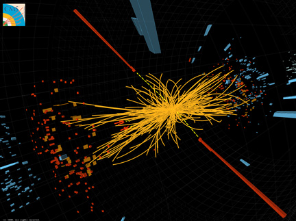 A typical event illustrated above in CERN's Compact Muon Solenoid (CMS) search for the cosmic Standard Model Higgs Boson "God particle" in the Large Hadron Collider (LHC) data from 2010-2011. Two high-energy photons collide releasing energy depicted by dashed yellow lines and thicker red lines as measured in the CMS electromagnetic calorimeter. The yellow lines are the measured tracks of other particles produced in the collision. Graphic source: CERN.