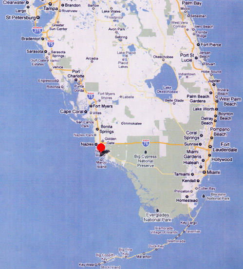 Marco Island and the nearby Isles of Capri are a little south of Naples, Florida (red circle) west of the Big Cypress National Preserve. Throughout 2010, there have been persistent sightings by many residents of a very large, bright, spinning light of unknown origin that some eyewitnesses compare to an aerial “gyroscope.”