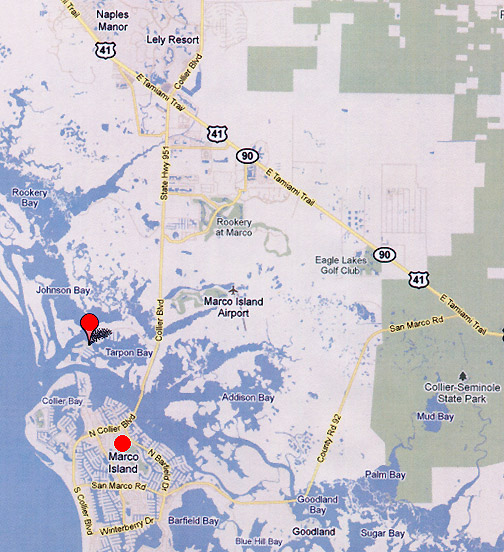 Isles of Capri is about 2 miles north of Marco Island's bridge on State Road 951. Isles of Capri include four mangrove islands in Johnson Bay, Tarpon Bay, the Marco River and the Gulf of Mexico. A road links the island cluster to mainland Florida.