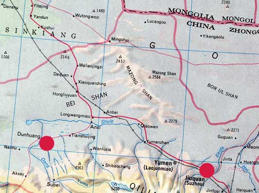Dunhuang (far left red circle), population 188,000, in Gansu Province southwest of the Great Gobi Desert A and Mongolia and about 200 miles west of China's Jiuquan Satellite Launch Center (JSLC), part of the Dongfeng Aerospace City (Base 10), far right red circle.