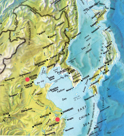 Hangzhou, China (bottom red circle) is south of Beijing (upper red circle) near the East China Sea with a population of about 6 million people.