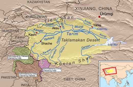 Tarim River basin on the northern edge of the vast Taklamakan Desert of western China north of Tibet is the site of more than 400 light-skinned, fair-haired mummies dated in age from the Bronze Age about 4,000 years ago (1,800 B. C.) to 1,500 years ago (500 A. D.). The mystery remains: who were they, where exactly were they from and why were so many mummified and buried in the cold, dry, salty Tarim Basin?  Urumqi (upper right red dot) museums in Xinjiang province have many mummy remains and tools. Map by K. Musser.