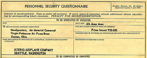 Boeing Bomarc and later Minuteman engineer Alden Stockwell Cole's Prime Secret W33-038 6th Army Area security clearance through Headquarters, Air Material Command, Wright-Patterson AFB, Dayton, Ohio, in 1950s to 1960s.