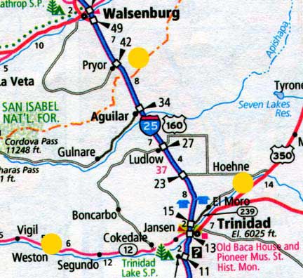 Three cattle mutilations discovered in southern Colorado between March 8 and March 21, 2009. The three sites form a triangle (yellow circles) on the map starting with Weston about a half-hour west of Trinidad, which was the 28-year-old cow found March 8, and probably killed on night of March 6, 2009, because she was seen alive March 6. Hoehne is about 15 miles northeast of Trinidad, where 1-week-old calf was found eviscerated on morning of Tuesday, March 17, 2009, and known to be alive Monday afternoon, March 16, 2009. Third mutilation, a ranch about 12.5 miles southeast of  Walsenburg (20 miles northwest of Hoehne) where 2.5-year-old heifer found Saturday morning, March 21, after giving birth to male calf Friday night, March 20.