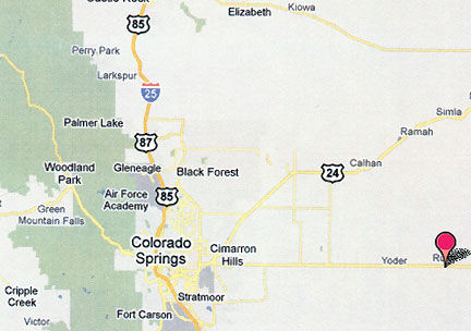 Rush, Colorado, marked by red pointer, is 35 miles straight east from  Colorado Springs. That region from Cripple Creek on far left corner going east through Fort Carson, Stratmoor, Black Forest, Elizabeth, Kiowa, Calhan,  Ramah, and Simla are all repeated locations for animal mutilations  since at least the early 1970s to the present day.