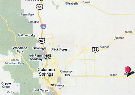 Rush, Colorado, marked by red pointer, is 35 miles straight east from Colorado Springs. That region from Cripple Creek on far left corner going east through Fort Carson, Stratmoor, Black Forest, Elizabeth, Kiowa, Calhan, Ramah, and Simla are all repeated locations for animal mutilations since at least the early 1970s to the present day.