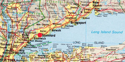 Stamford, Connecticut, is on Long Island Sound northeast of New York City.