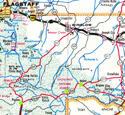 Around 4 PM, in October 1995, Ned White set up camp inside the Sitgreaves National Forest between Payson and Heber, Arizona (middle green dot). 