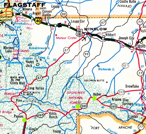 Around 4 PM, in October 1995, Ned White set up camp inside the Sitgreaves National Forest between Payson and Heber, Arizona (middle green dot).