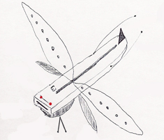 Illustration of small, aerial dragonfly drone machine by eyewitness near Ft. Benning in Atlanta, Georgia, on July 31, 2011. The embossed Epsilon near the red “eyes” is reminiscent of the self-activating software symbols and diagrams on the dragonfly drones and June 2007 leaked CARET document about back engineering of extraterrestrial artifacts at a Palo Alto, Calif. laboratory in the mid-1980s.