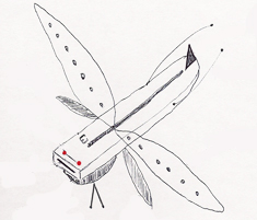 Illustration of small, aerial dragonfly drone machine by eyewitness near Ft. Benning in Atlanta, Georgia, on July 31, 2011. The embossed Epsilon near the red “eyes” is reminiscent of the self-activating software symbols and diagrams on the dragonfly drones and June 2007 leaked CARET document about back engineering of extraterrestrial artifacts at a Palo Alto, Calif. laboratory in the mid-1980s.