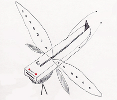 Illustration of small, aerial dragonfly drone machine by eyewitness near Ft. Benning in Atlanta, Georgia, on July 31, 2011. The embossed Epsilon near the red “eyes” is reminiscent of the self-activating software symbols and diagrams on the dragonfly drones and June 2007 leaked CARET document about back engineering of extraterrestrial artifacts at a Palo Alto, Calif. laboratory in the mid-1980s.