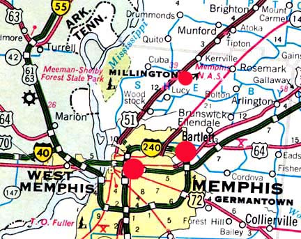 Upper red circle is Millington where the Naval Air Station once was and today provides Naval Support Activity (NAVSUPPACT) Mid-South, a Naval hub for personnel records. Red circle in central Memphis is where Kathleen Deaton, 44, lives and saw a "sperm-shaped" aerial object in June 2005, stop and change altitude several times over backyard deck and house roof. The red circle in Bartlett is where Sandra Smith, 72, in October 2006, saw a "plane" stop three times in mid-air, jerk forward and then vanish. 