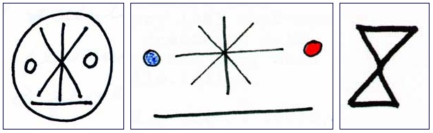 Left and center: Two variations on EBEN “Trilateral Insignia” seen on craft and sketched by eyewitnesses. One military source said, “Take the middle vertical line out and it will be correct.” Right: Symbol associated with blond-haired humanoids and said to mean “the merging of two worlds.”