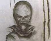 EBEN entity sketched in charcoal by Colorado professional artist after abduction with his wife from freeway between Boulder and Longmont around Thanksgiving 1980. See 102205 Earthfiles in Archive.