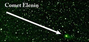 On August 6, 2011, NASA's Solar Terrestrial Relations Observatory (STEREO) spacecraft used its wide angle HI-2 camera with a green filter to image small Comet Elenin. Its closest approach to Earth is on October 16, 2011, at 22 million miles (35 million km) - too far to have any appreciable effect on our planet. See STEREO website.