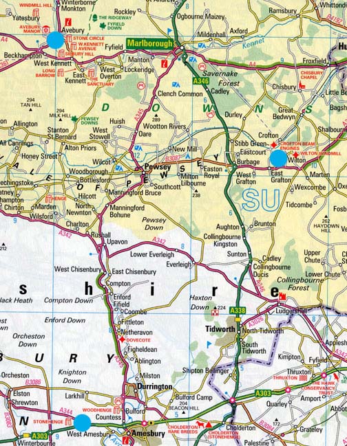 Wilton Windmill is upper right blue circle. Stonehenge is the bottom left blue circle. The ancient double stone circles of Avebury near Silbury Hill and Windmill Hill are the upper left blue circle.