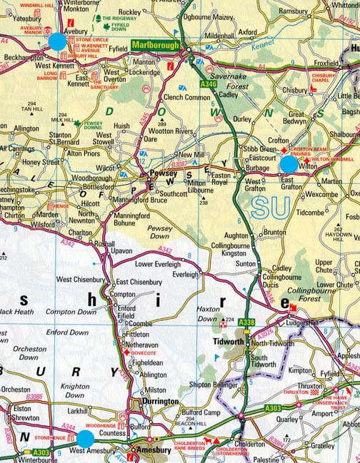 Wilton Windmill is upper right blue circle. Stonehenge is the bottom left blue circle. The ancient double stone circles of Avebury near Silbury Hill and Windmill Hill are the upper left blue circle.