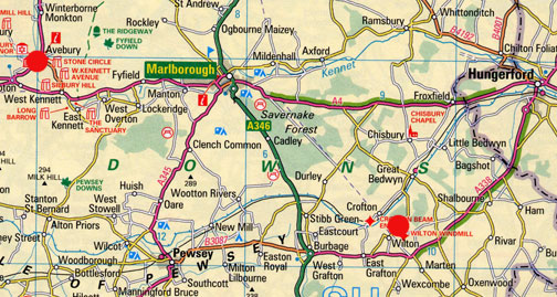 Far right red circle marks the Wilton Windmill in Wilton, Wiltshire, England, a few miles southeast of the ancient double stone circles of Avebury (upper left red circle).  Since the late 1980s, Avebury, Silbury Hill and the Vale of Pewsey south of Avebury have been the focus of most U. K. crop formations.