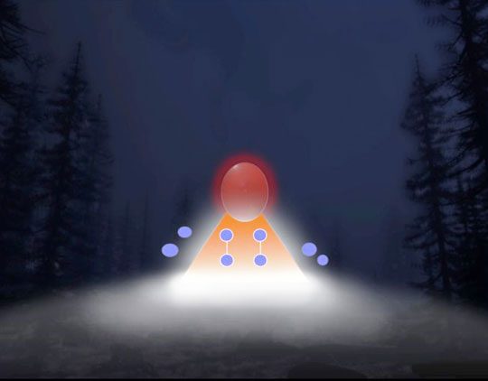  Computer illustration of sketch by John Burroughs of lights in Rendlesham Forest, 3 AM, December 26, 1980. Artwork by John Rackham.