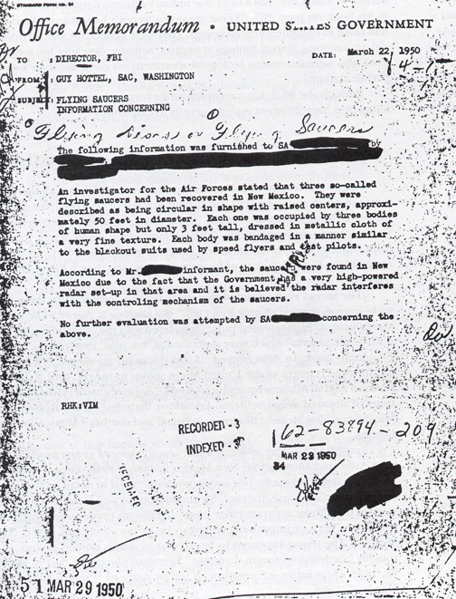 An Office Memorandum dated March 22, 1950, from Guy Hottel, Special Agent In Charge (SAC) to J. Edgar Hoover, FBI Director on the subject of “Flying Saucers Information Concerning Flying Discs or Flying Saucers.” This memo was first released in May 1977, with other UFO-related papers in response to a Freedom of Information Act (FOIA) request to the FBI by Navy Physicist Bruce Maccabee. Also reprinted on Page 32, Glimpses of Other Realities, Vol. II: High Strangeness © 1998 by Linda Moulton Howe. The blacked out iinformant name is Bruce Cabot, a Hollywood actor at the time, who knew and played golf with Silas M. Newton, a wealthy Denver oil man. See Earthfiles Shop.   Also see FBI website.