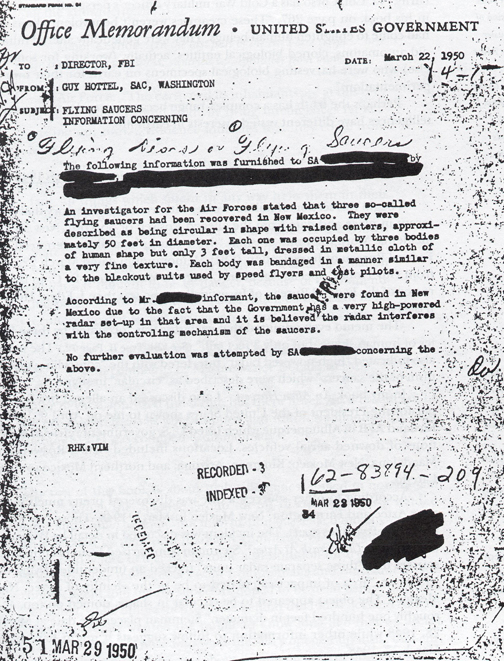 An Office Memorandum dated March 22, 1950, from Guy Hottel, Special Agent In Charge (SAC) to J. Edgar Hoover, FBI Director on the subject of “Flying Saucers Information Concerning Flying Discs or Flying Saucers.” This memo was first released in May 1977, with other UFO-related papers in response to a Freedom of Information Act (FOIA) request to the FBI by Navy Physicist Bruce Maccabee. Also reprinted on Page 32, Glimpses of Other Realities, Vol. II: High Strangeness © 1998 by Linda Moulton Howe. The blacked out iinformant name is Bruce Cabot, a Hollywood actor at the time, who knew and played golf with Silas M. Newton, a wealthy Denver oil man. See Earthfiles Shop. Also see FBI website.
