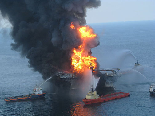 The BP (British Petroleum) Deepwater Horizon drilling rig exploded on April 20, 2010. The huge fire on the Deepwater Horizon semi-submersible Mobile Offshore Drilling Unit (MODU) was about 40 miles (64 km) southeast of the Louisiana coast in the Macondo Prospect oil field. The explosion killed 11 workers and injured 17 others; another 98 people survived without serious physical injury. It caused the Deepwater Horizon to burn and sink, and started a massive ongoing offshore oil spill in the Gulf of Mexico; this is now considered the largest environmental disaster in U.S. history. Image by U. S. Coast Guard.