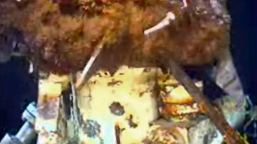 This image from video on Thursday, July 1, 2010, shows crude oil erupting from BP's (British Petroleum) Macondo broken wellhead that contains nearly 40% methane dissolving in the Gulf of Mexico. Video image by BP PLC.