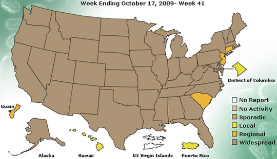  Weekly Influenza Surveillance Report by CDC showing novel H1N1 flu virus is widespread throughout the United States as of October 17, 2009. See website links for more information at the end of this Earthfiles report.