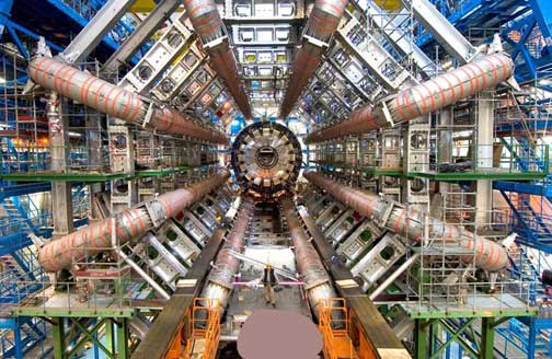 Looking straight down a segment of the 17-mile-long circular  Large Hadron Collider (LHC) accelerator. Image courtesy CERN LHC.