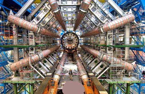 Looking straight down a segment of the 17-mile-long circular Large Hadron Collider accelerator. Image courtesy CERN LHC.