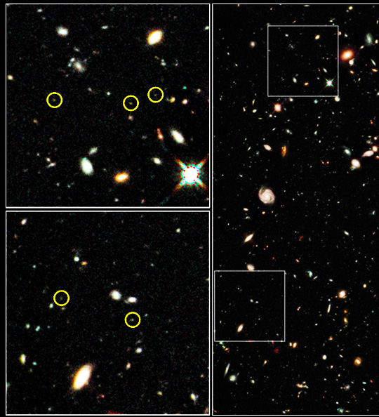 Section of earliest image yet taken of our universe by the Hubble Space Telescope, only 600 - 700 million years after the Big Bang that started our universe. The circled objects are light from “primordial galaxies” back 13 billion years ago of our 13.7-billion-year-old-universe in this unprecedented view of thousands of galaxies in various stages of assembly. Hubble Center:  “This is the deepest image of the universe ever taken in near-infrared light by NASA's Hubble Space Telescope. The faintest and reddest objects (left inset) in the image are galaxies that correspond to ‘look-back times’ of approximately 12.9 billion years to 13.1 billion years ago. No galaxies have been seen before at such early epochs. These galaxies are much smaller than the Milky Way galaxy and have populations of stars that are intrinsically very blue. This may indicate the galaxies are so primordial that they are deficient in heavier elements, and as a result, are quite free of the dust that reddens light through scattering.” Object Name: HUDF WFC3/IR. Credit: NASA, ESA, G. Illingworth and R. Bouwens, UC-Santa Cruz and the HUDF09 Team.