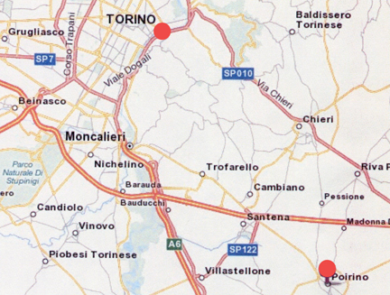 Poirino is 12 miles (20 km) southeast of Turin (Torino), Italy.