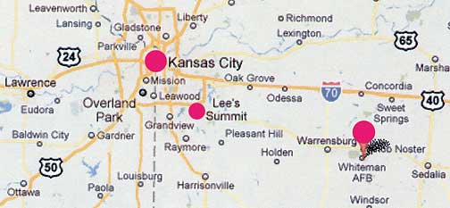 Whiteman AFB, home of the 509th Bomb Wing and B-2s, is southeast of Kansas City and Lee's Summit in Missouri. But B-2s and other terrestrial airplanes don't hover in the same place in the sky for several minutes silently morphing in shapes.