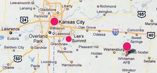 Whiteman AFB, home of the 509th Bomb Wing and B-2s, is southeast of Kansas City and Lee's Summit in Missouri. But B-2s and other terrestrial airplanes don't hover in the same place in the sky for several minutes silently morphing in shapes.