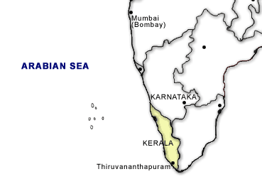 South of Bombay, the state of Kerala, India, is in the southwestern tip of the country bordered on the west by the Arabian Sea. Its capital is Thiruvananthapuram.  Map © by mapsofindia.com.