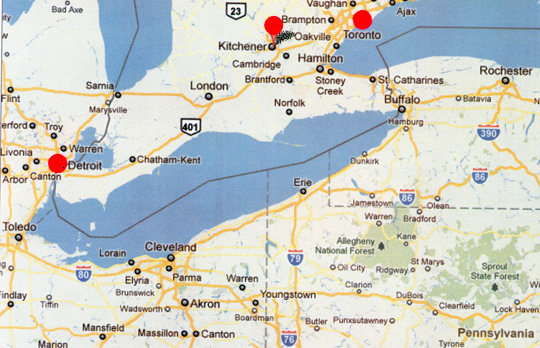 Toronto, Ontario, Canada (upper right red circle) is on Lake Ontario. Kitchener (middle red circle) is 57 miles (92 km) southwest of Toronto with a population of about 205,000, the fifth largest city in Ontario. Straight south is Lake Erie that also borders western New York and Pennsylvania, northern Ohio, and eastern Michigan (left red circle at Detroit).