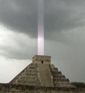 Thunderstorm on July 24, 2009, at 2 PM local, Mayan Kukulkan pyramid at Chichen Itza, Yucatan, Mexico. Apple iPhone image © 2009 by Hector Saliezar.