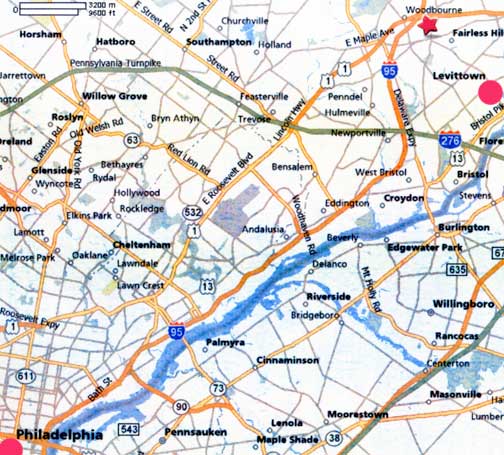About thirteen miles northeast of Philadelphia up the Delaware River is Levittown. Close to Levittown is the Oxford Valley Mall, marked with red star above. 2008 UFO reports ranged from an unidentified aerial object over the mall in January to a series of six sightings over a Levittown apartment complex that involved one “snowfall” of squares of light.