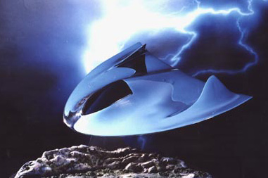 Composite model of one of three wedge-shaped aerial craft that crashed in Roswell and White Sands region in first week of July 1947, produced by Tim Bauer, Senior Design Director, © 1999 The Franklin Mint, Philadelphia, Pennsylvania.