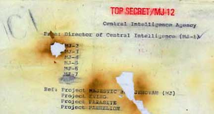 Burned memo, presumably written before assassination of John F. Kennedy on November 22, 1963, when either John A. McCone or Allen W. Dulles were Directors of the Central Intelligence Agency. In the TOP SECRET/MJ-12 red stamped 9-page document, the first page cropped above shows the document is “From: Director of Central Intelligence (MJ-1) to MJ-2 through MJ-7, with reference to: Project MAJESTIC and JEHOVAH (MJ); Project EVIRO; Project PARASITE; and Project PARHELION.”