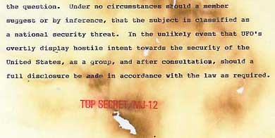 Tab A, TOP SECRET/MJ-12 Central Intelligence Agency memo from Director of Central Intelligence (MJ-1) to MJ-2 through MJ-7 allegedly written in 1961 to 1963 time period. Leaker says he worked 1960 to 1974 in CIA counter-intelligence for James Jesus Angleton, Director, CIA Counter-intelligence from 1954 to 1974. After James Angleton died on May 12, 1987, leaker said he pulled this 9-page memorandum from a fire that was burning up Angleton's most sensitive MJ-12 secret files. Image provided by Robert Wood.