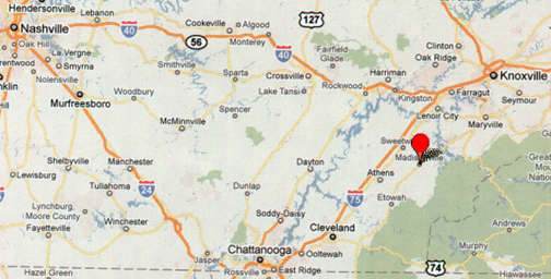 Madisonville, Tennessee (red circle) is 45 miles (72 km) southwest of Knoxville.