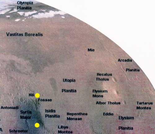 Yellow circles at Nili Fossae and southeast quadrant of Syrtis Major, ancient volcano, mark where NASA and the European Space Agency (ESA) have measured large quantities of methane emissions since 2003. The persistent size of methane quantities imply a continually replenishing source. Is it geological? Or biological? Map created by Alwyn Botha, www.the-planet-mars-com.